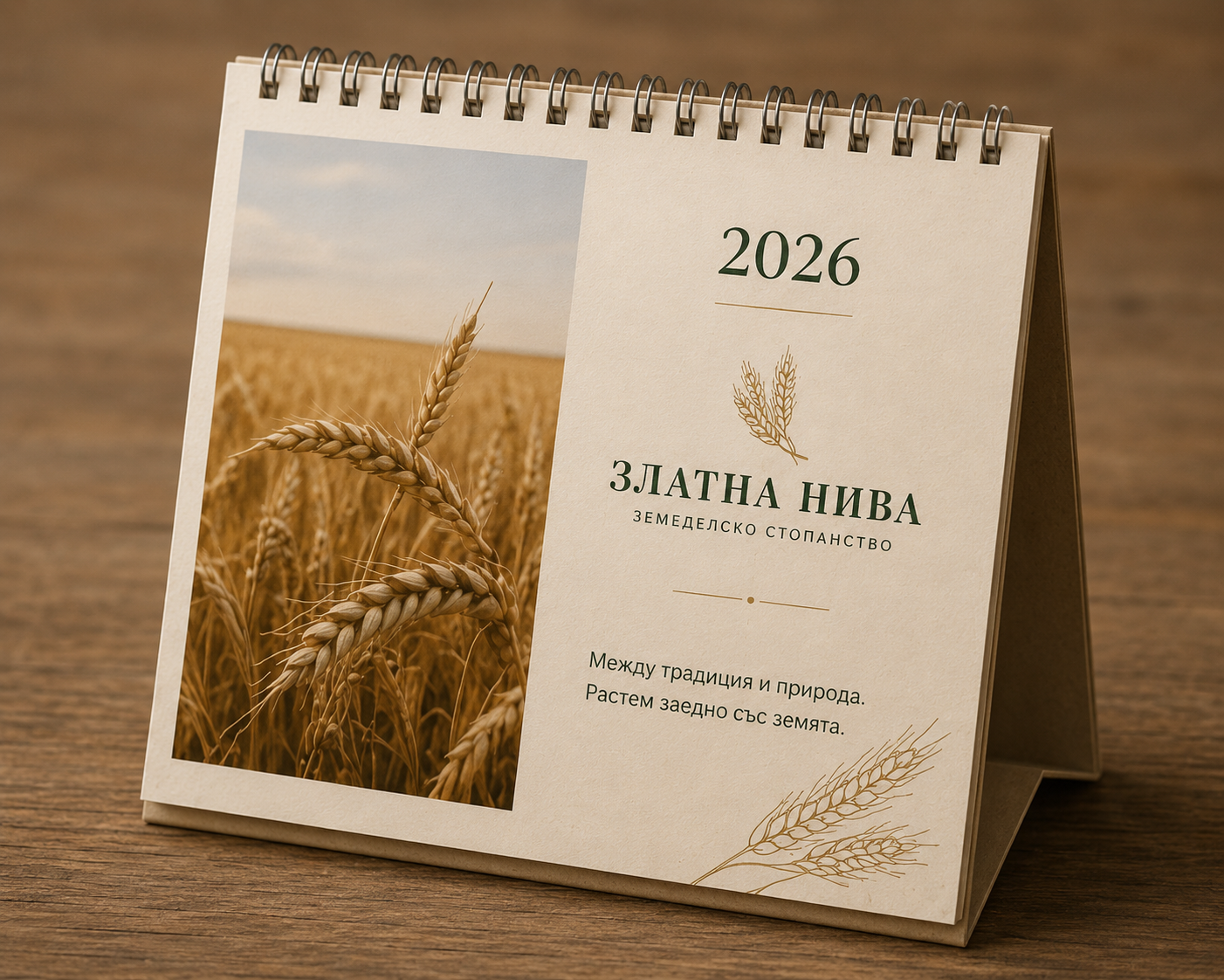 Настолен календар за 2026 г. със снимка на златна пшеница